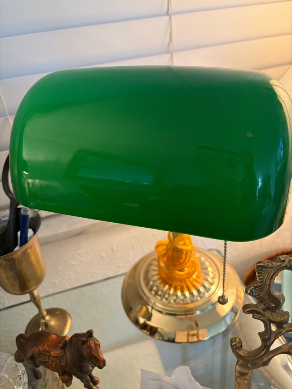Ralph Lauren inspired Green and Gold Banker Lamp with Pull Chain
